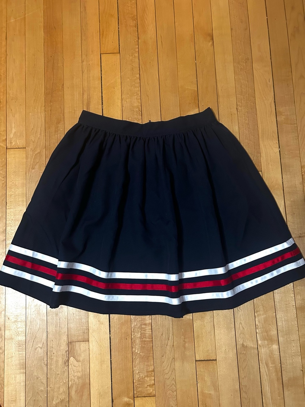 Navy A-Line Steady Brand Skirt with Red and White Stripes at Hem
